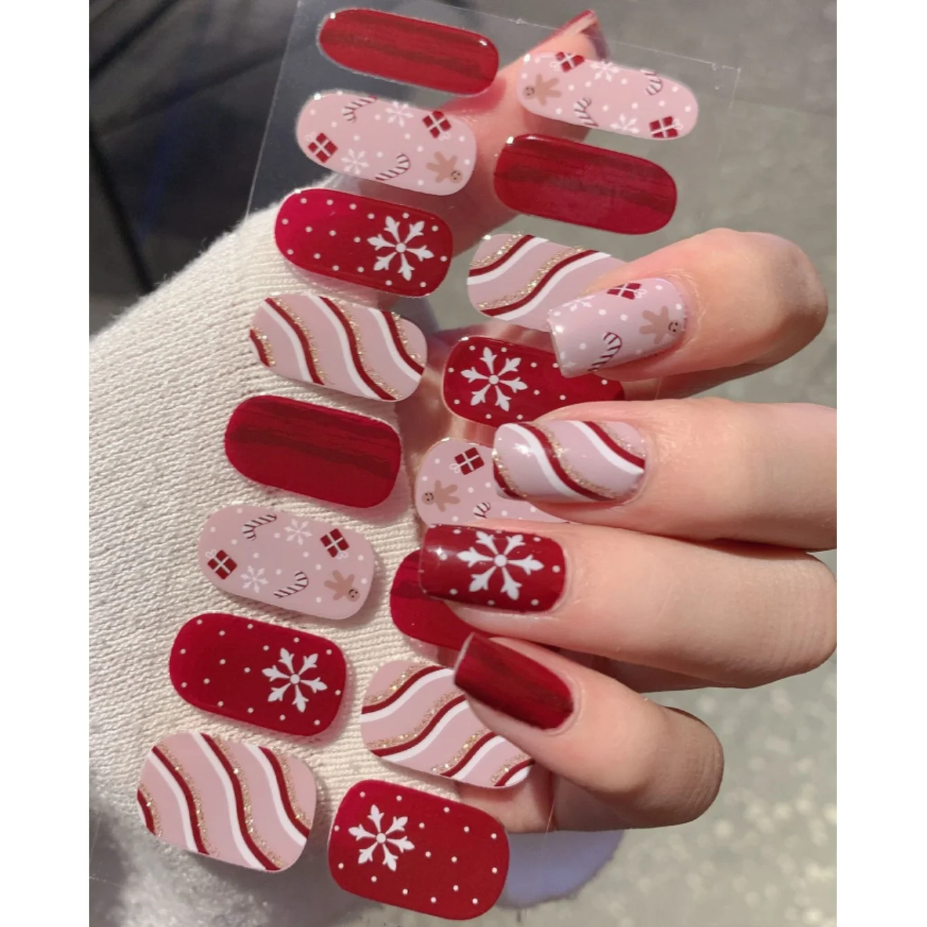 Red Pink Christmas Nail Stickers Without UV Light, Snowflake Polka Dot Gingerbread Man Gel Nail Decals, New Year Party DIY Manicure Decor for Women Girls