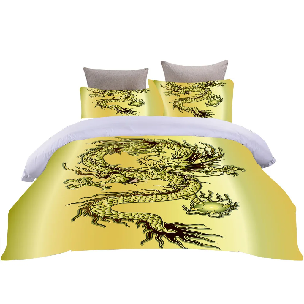 HUANZHUANG Children Duvet Cover Set Yellow Dragon Totem Quilt Cover 3Pcs King Full Size Bedding Pillow Case Bedding Linen Polyes