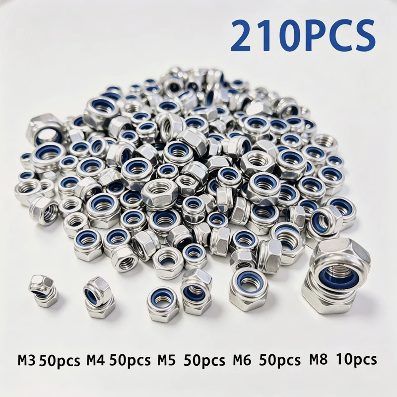 210/150pcs Stainless Steel Hex Lock Nuts, Anti-Slip Self-Locking M3-M8/M4-M6 Assortment for Industrial/Construction/Automotive