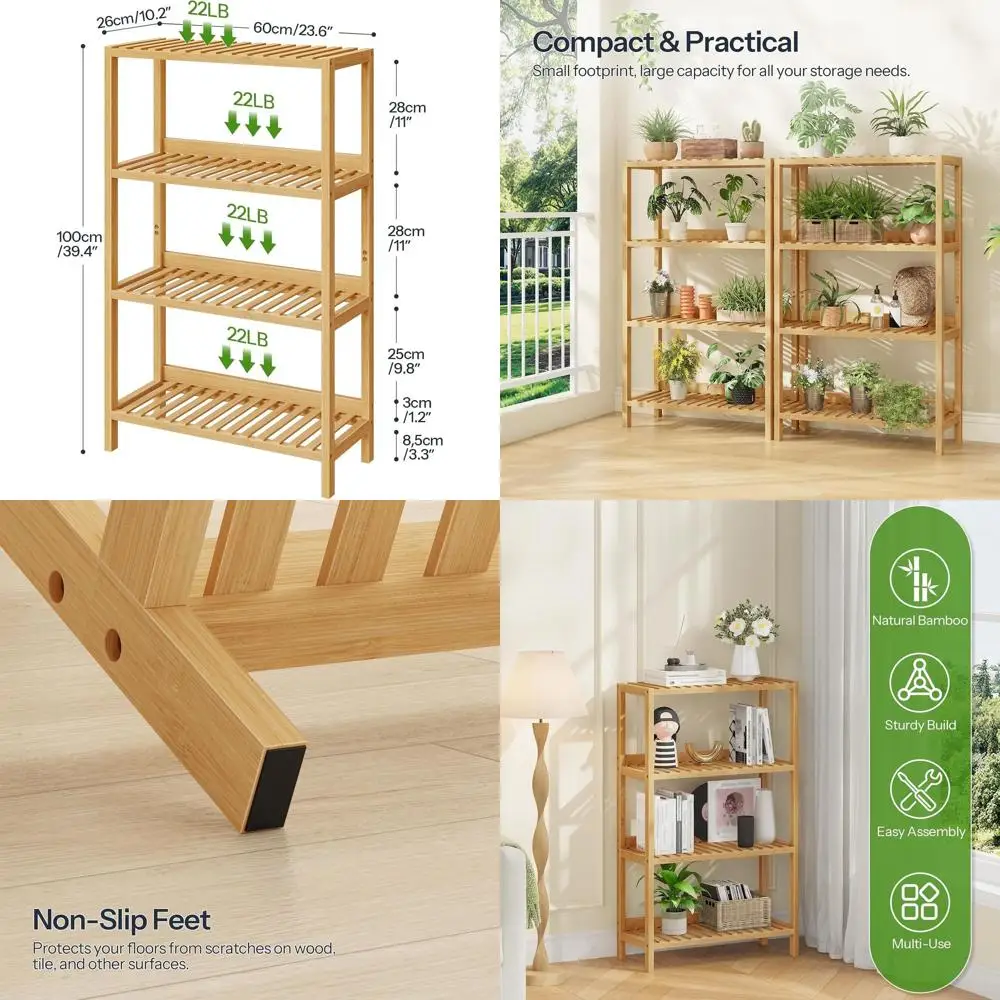 

4-Tier Bamboo Shelving Unit with Back Panel, Multipurpose Storage, 23.6x10.2x39.4 inches, Suitable for Home and Kitchen, Natural