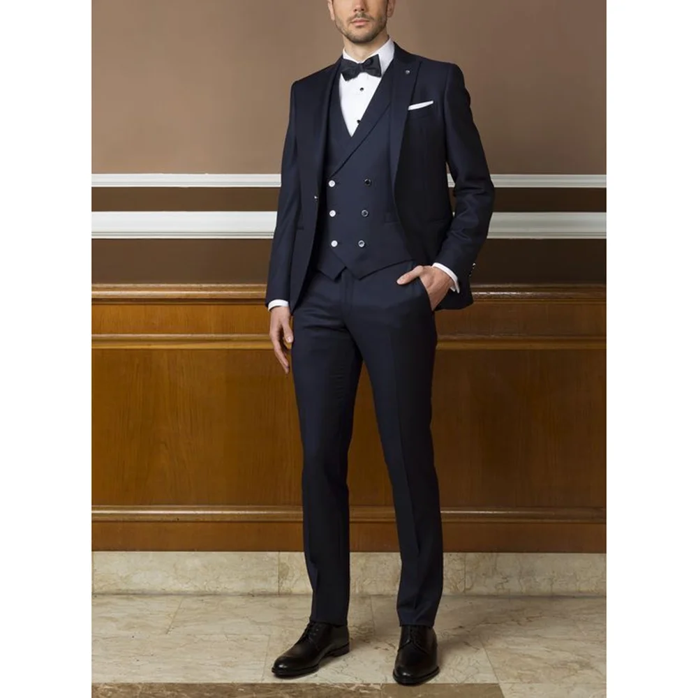

Fashion Peak Lapel One Button Suits for Men 3 Piece Navy Blue Chic Solid Wedding Tuxedo Smart Casual Suits (Jacket+Vest+Pants)
