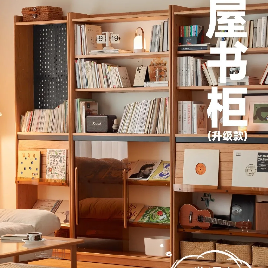 Nordic solid wood bookcase, household small apartment floor-to-wall display combination cabinet