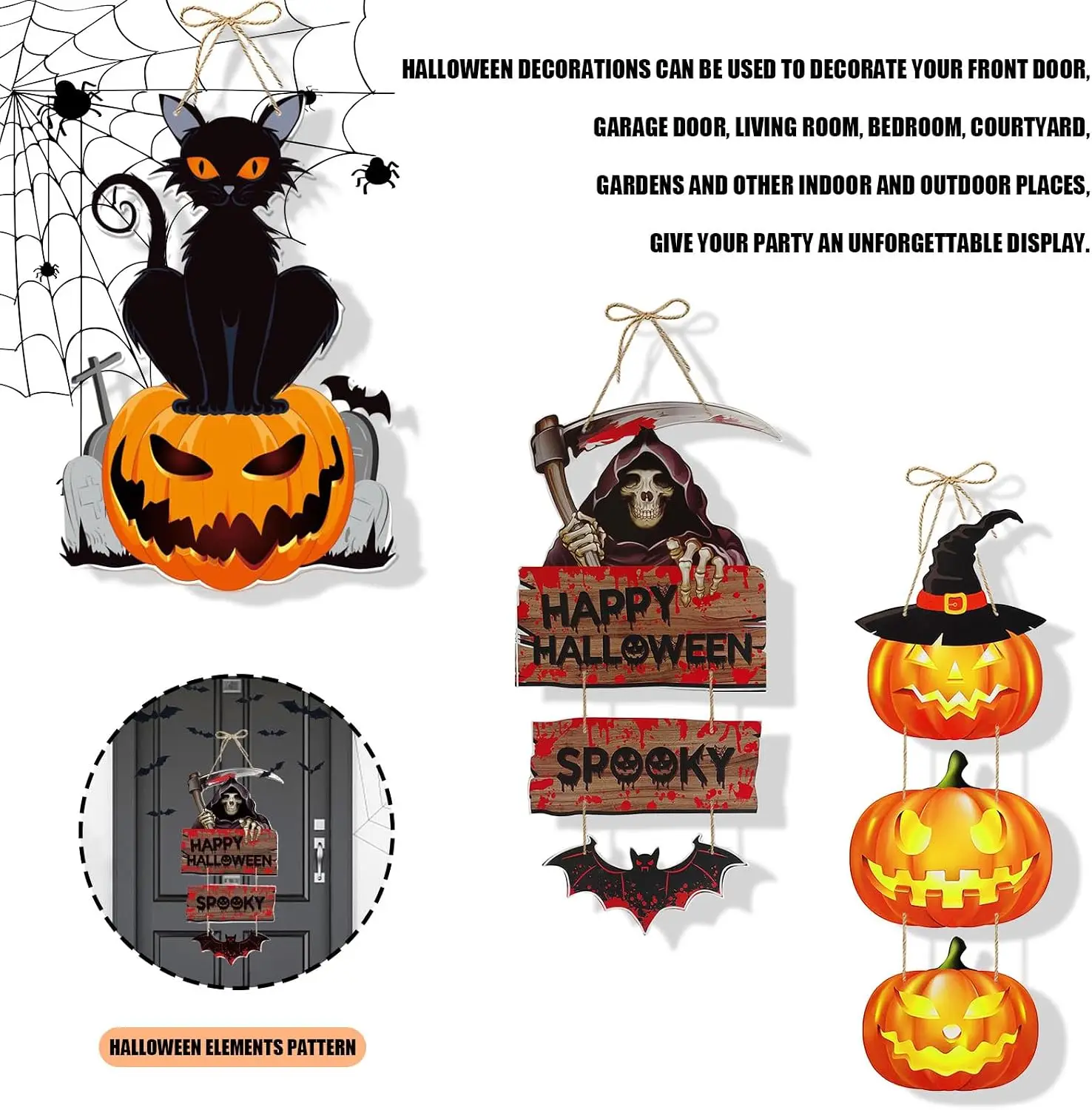 Halloween Door Hanging Sign Pumpkin Bat Ghost Witch Skeleton Front Door Wall Decor Trick Or Treat Party Hanging Ornament - view 5