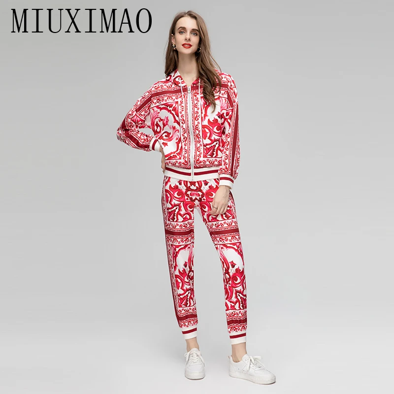 MIUXIMAO 2023 Sets for Women 2 pieces Sicily Elegant Set blue and white porcelain Print Top+ Pants Fashion Two-piece Set Women