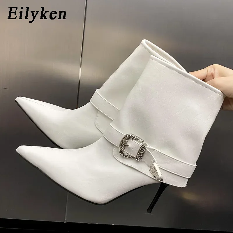 Eilyken Fashion Crystal Belt Buckle Women Ankle Boots Street Style Thin High Heels Pointed Toe Stripper Ladies Shoes