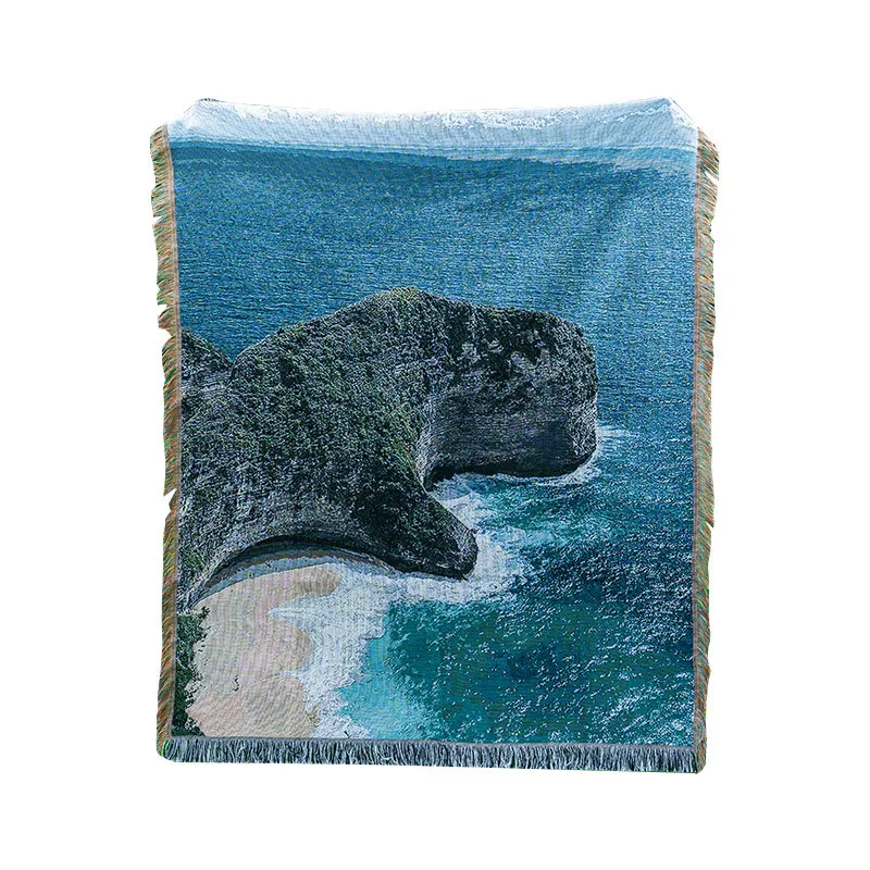 

Boho Blue Sky Summer Sea Beach Stone Cotton Woven Throw Blanket Tapestry Beach Picnic Home Decro