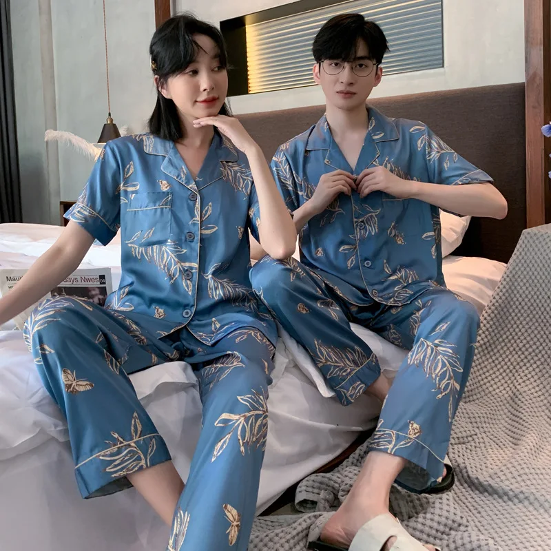 Women Pajama Set Silk Couple Pajamas Print Pyjamas Ice Silk Pijama pjs Sleepwear Long Sleeve Shirt Pants Homewear Loungewear