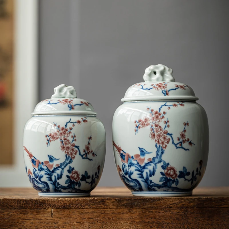 

Blue and White Porcelain Tea Box Flower and Bird Ceramic Candy Jar with Lid Delicate Decorative Vase Kitchen Storage Container