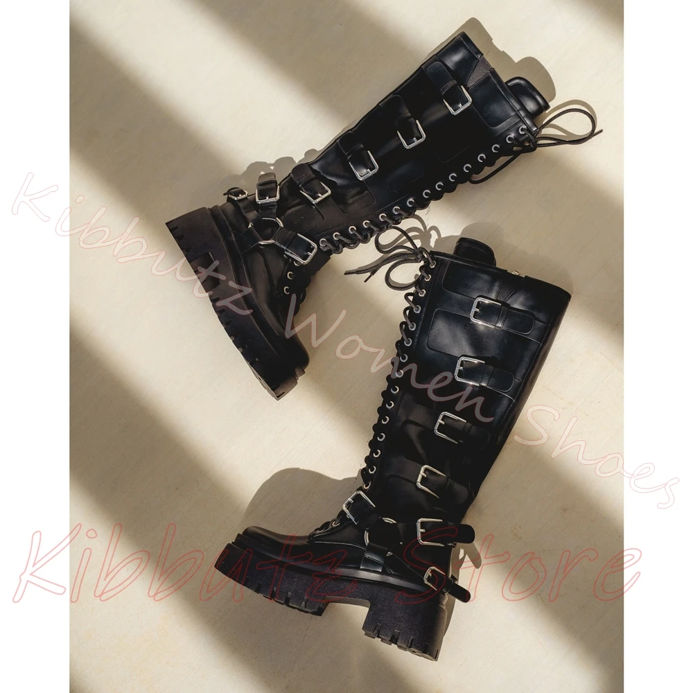 Knee High Combat Boot Multi Buckle Leather Women Lug Sole Side Lace Up Punk Goth Motorcycle Footwear Fashion Elegant Concise New view 5