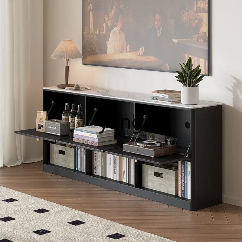 

LH medieval TV cabinet, high floor-to-ceiling rock slab storage with lower turning bookcase integrated