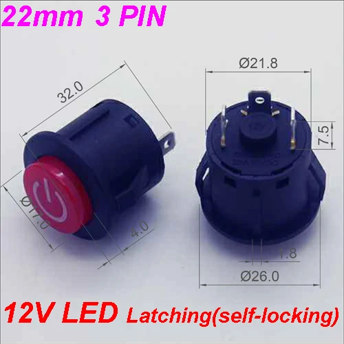 1PC 22MM Power 3PIN Latching/Self locking Glowing Red Plastic Push Button Switch With LED 12V Panel Indication