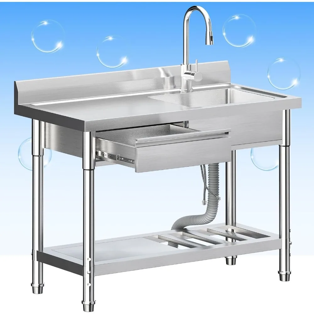 

Stainless Steel Utility Sink,Freestanding Kitchen Sink with Hot and Cold Water Pipes, Drawer, Shelf, Indoor and Outdoor Universa
