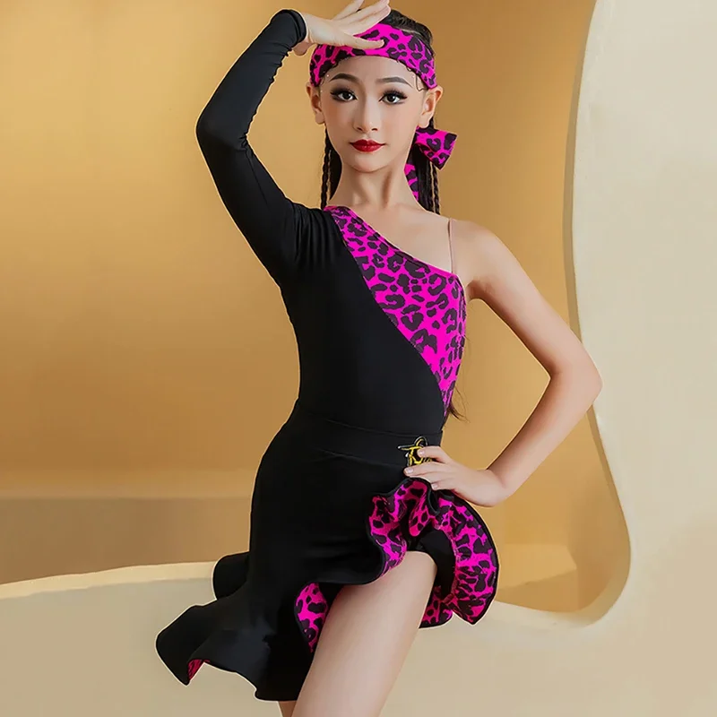 

Girls Rose Leopard Print Latin Dance Professional Costume Long Sleeve Bodysuit Skirts Suits Performance Dancing Dresses
