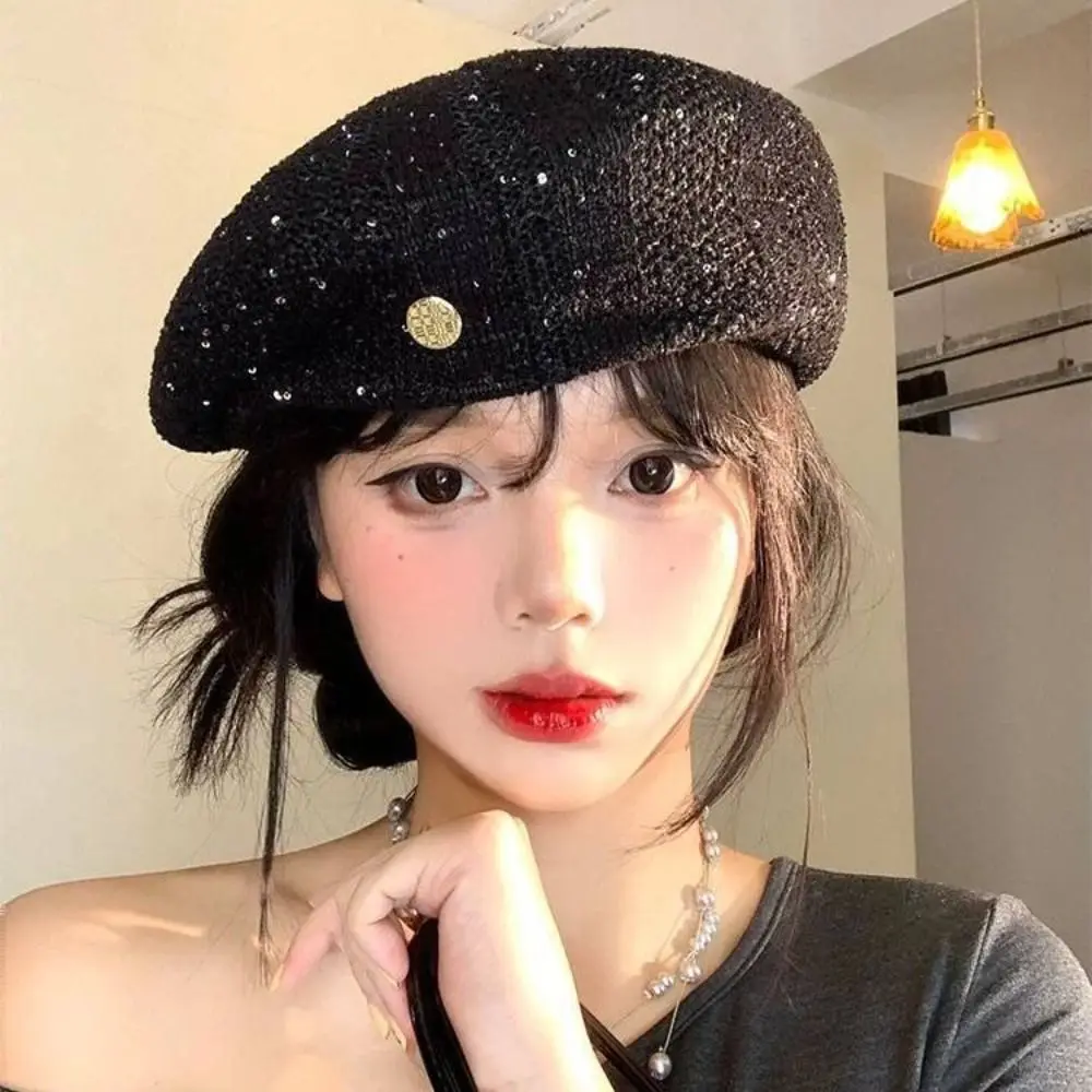 

Brimless Cap Breathable Sequin Beret Hat Paillette Japanese Style Weave Hat Painter Hat Hollowed Out Crochet Knitted Cap Holiday