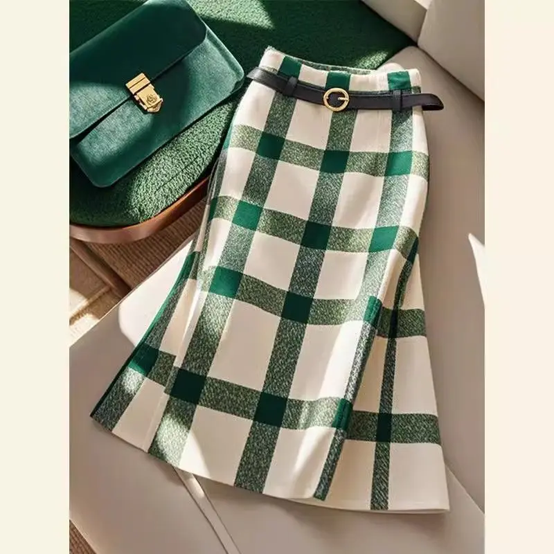 

Women Vintage High Waist Slim Midi Skirt Autumn New Fashion A-Line Party Skirt With Belt 479P French Elegant Plaid Woolen Skirt