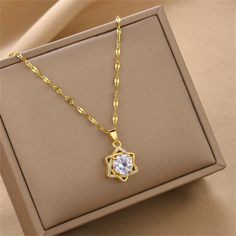 316L Stainless Steel New Fashion Fine Jewelry Japanese Korean Style Zircon Star Charm Chain Choker Necklaces Pendants For Women