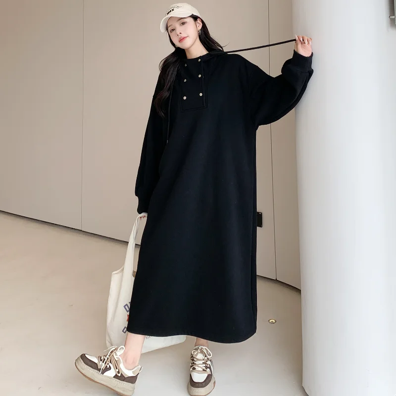 Thick Velvet Hoodies Dresses for 2023 Autumn Winter Double Breast Lady Pullovers Loose Plus Size 4XL Black Hooded Clothes KE3583