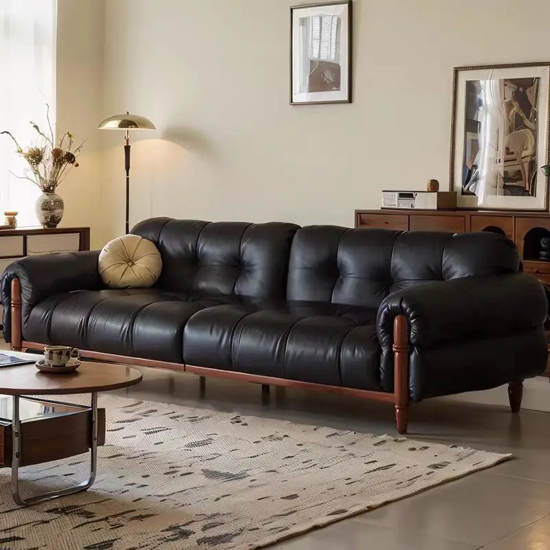 

French Retro Leather Sofa Piano Keys Straight Row Antique Black First Layer Oil Wax Cowhide In The Living Room American 2024