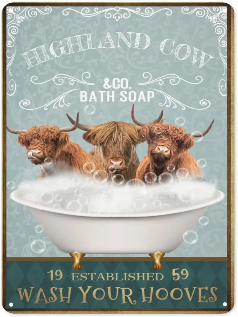 

Забавный металлический знак Highland, корова, горячая ванна, забавные животные, жестяной знак, винтажный металлический знак для дома, искусственная роспись, ванная комната