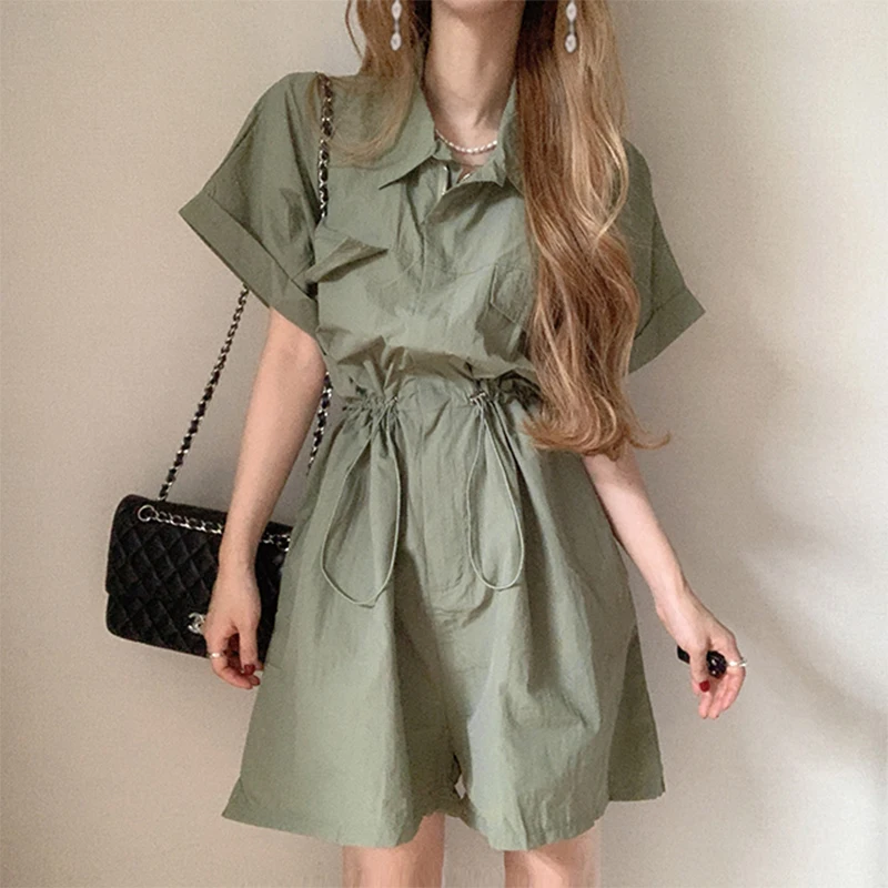 

Korean Chic Summer New Vintage Turn-down Collar Dstring Slimming Wide Leg Utili Jumpsuit orts Women High Waist Long Pants