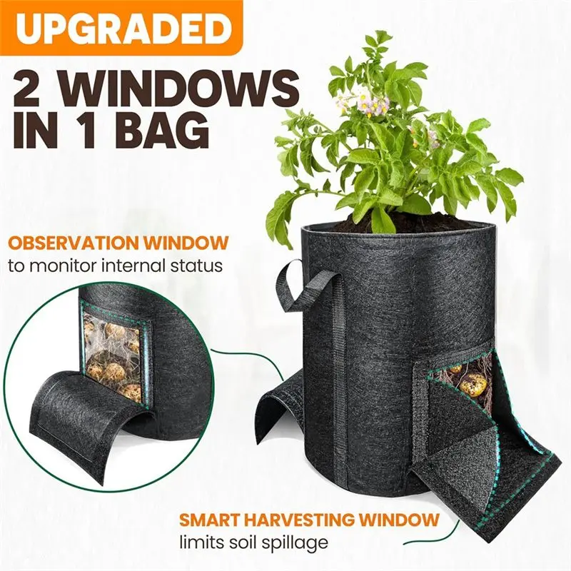ABHI-4Pcs 15 Gallon Potato Grow Bags With Unique Harvest Window & Visible Window, Non-Woven Planter Pot With Sturdy Handle