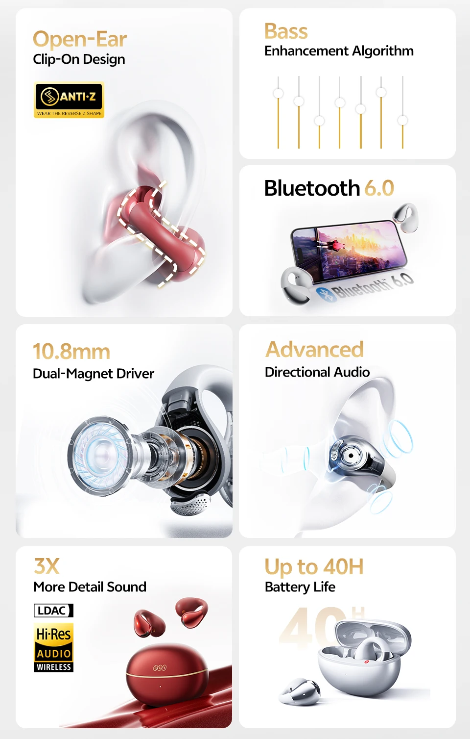 QCY Crossky C30S Clip-On Wireless-Kopfhörer Hi-Res LDAC-Kopfhörer Bluetooth 6.0 Dual-Magnet-Treiber-Headsets 40H Sport-Ohrhörer – Detail 2