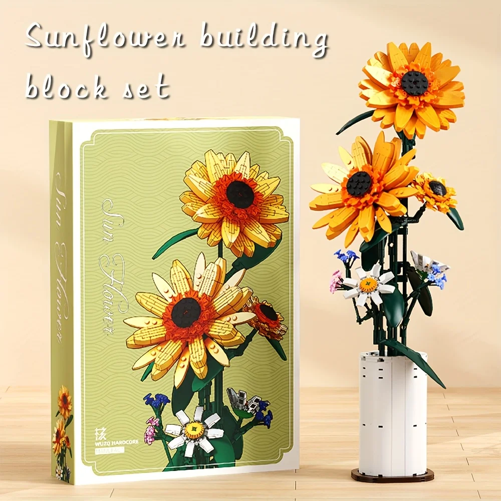 مجموعة مكعبات بناء عباد الشمس مع مزهرية، إضافة لونًا إلى منزلك، هدية عيد ميلاد، هدية العيد
