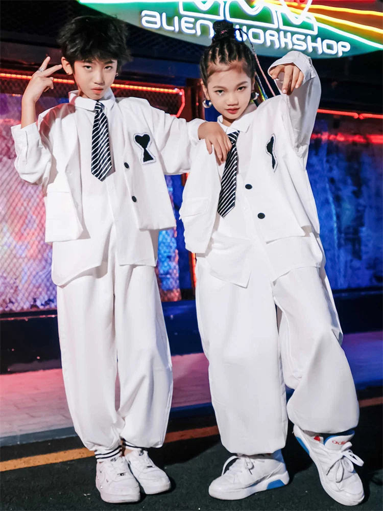 Loose Long Sleeves Hip Hop Clothes Girls Jazz Street Dance Performance Stage Costume Boys Children White Shirts Pants