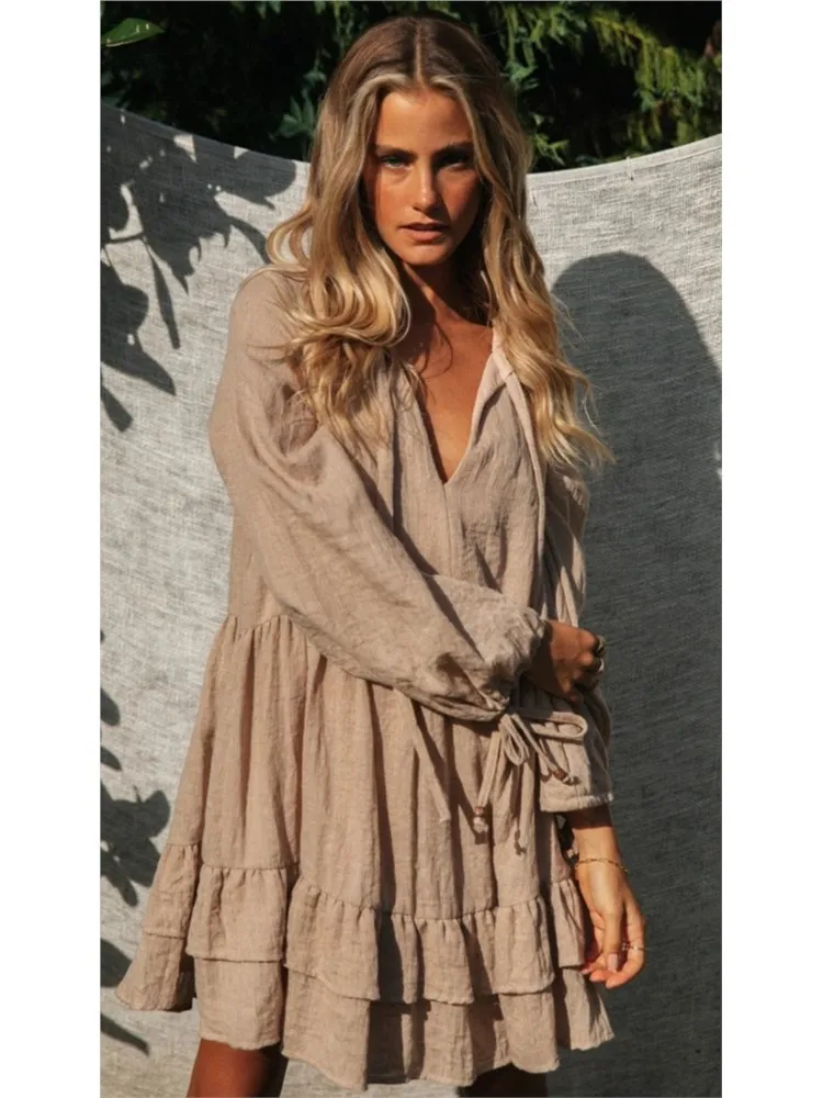Spring Summer Loose Solid Women\'s Dress New Fashion V Neck Long Sleeve Beach Party Dresses Female Holiday For Women Robe Femme