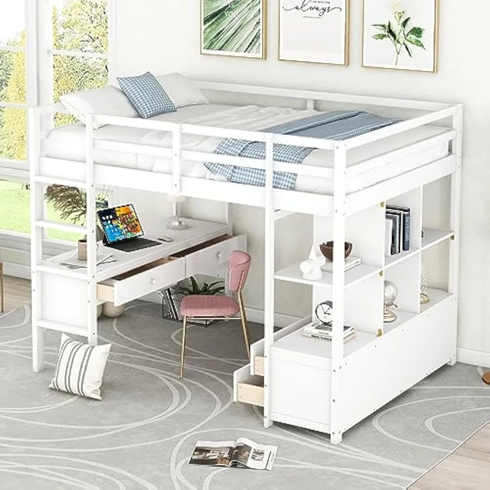 Full Size Loft Bed with Desk Wooden Loft Bed Frame with Drawers and Shelves, High Loft Beds Multifunctional Full Loft Bed for K