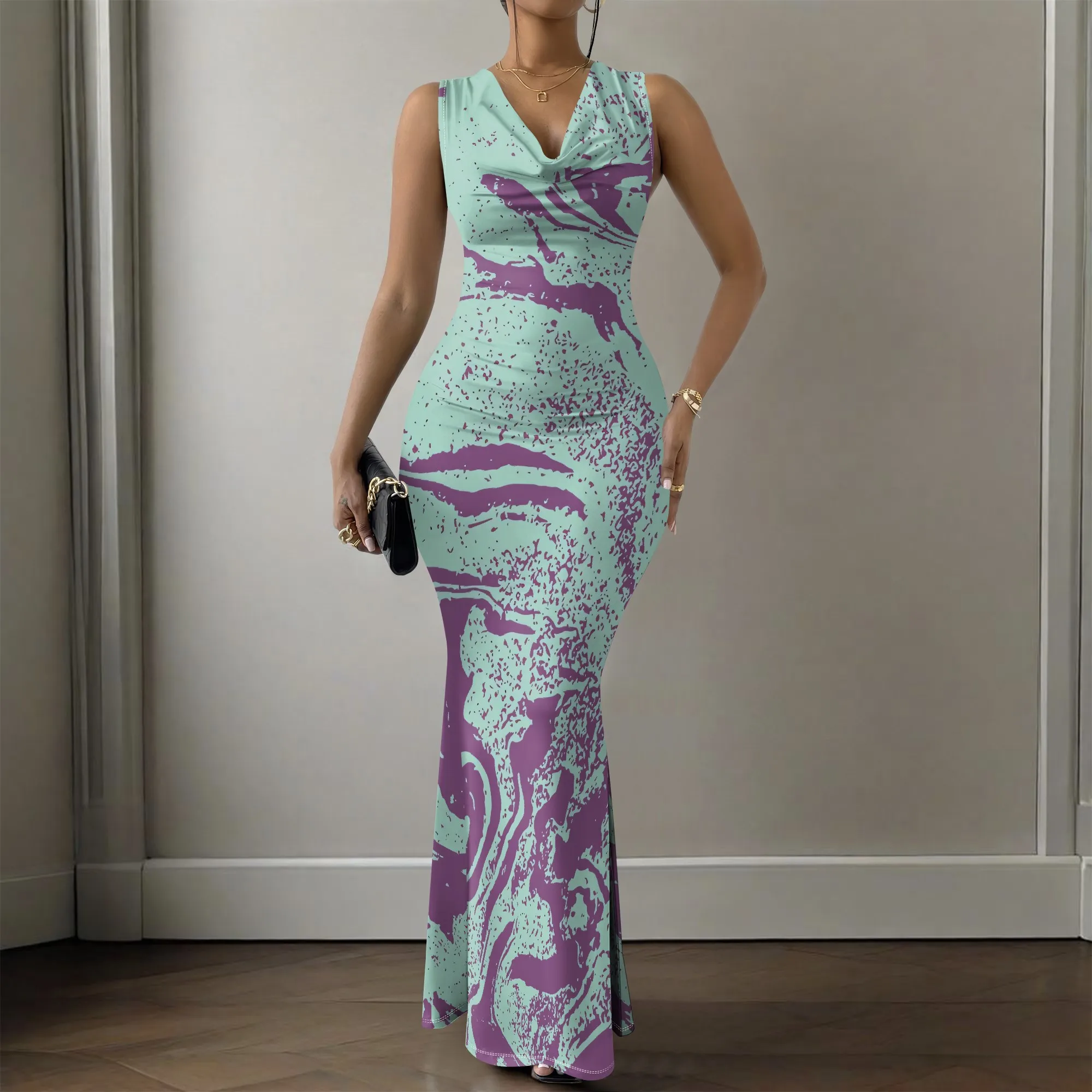 Women's V-Neck Sleeveless Maxi Dress Green Purple Marble Abstract Print Summer Bodycon Dress