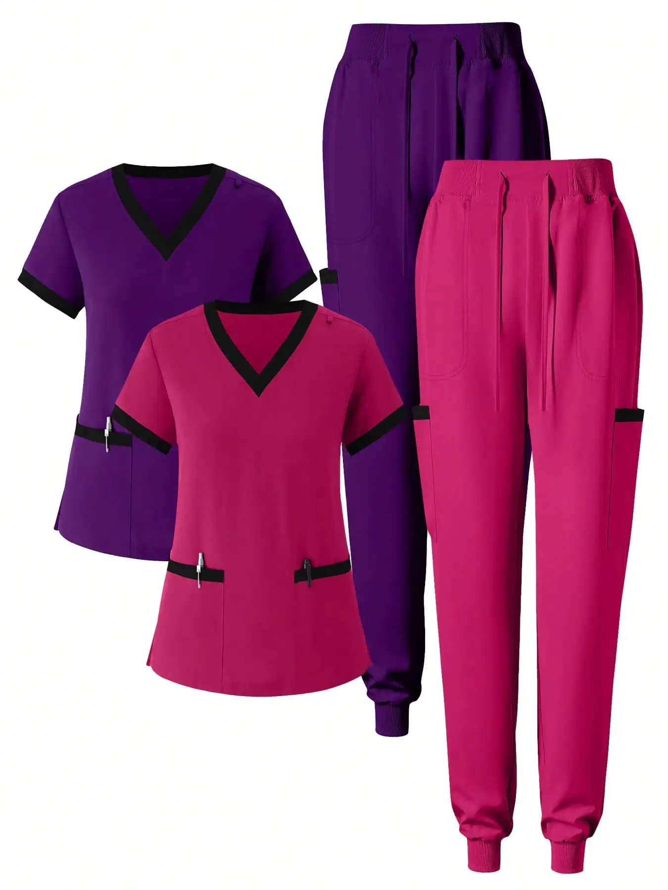 

(4-piece set) Women's sports set, matte stretch nurse uniform, workwear, breathable medical top, color-block casual pockets