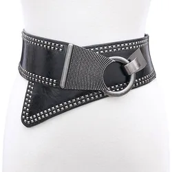 Women's Belt Waist Seal Coat Waist Punk Rivet Elastic Personalized Versatile Wide Waist Seal Oblique Women's Belt Decoration