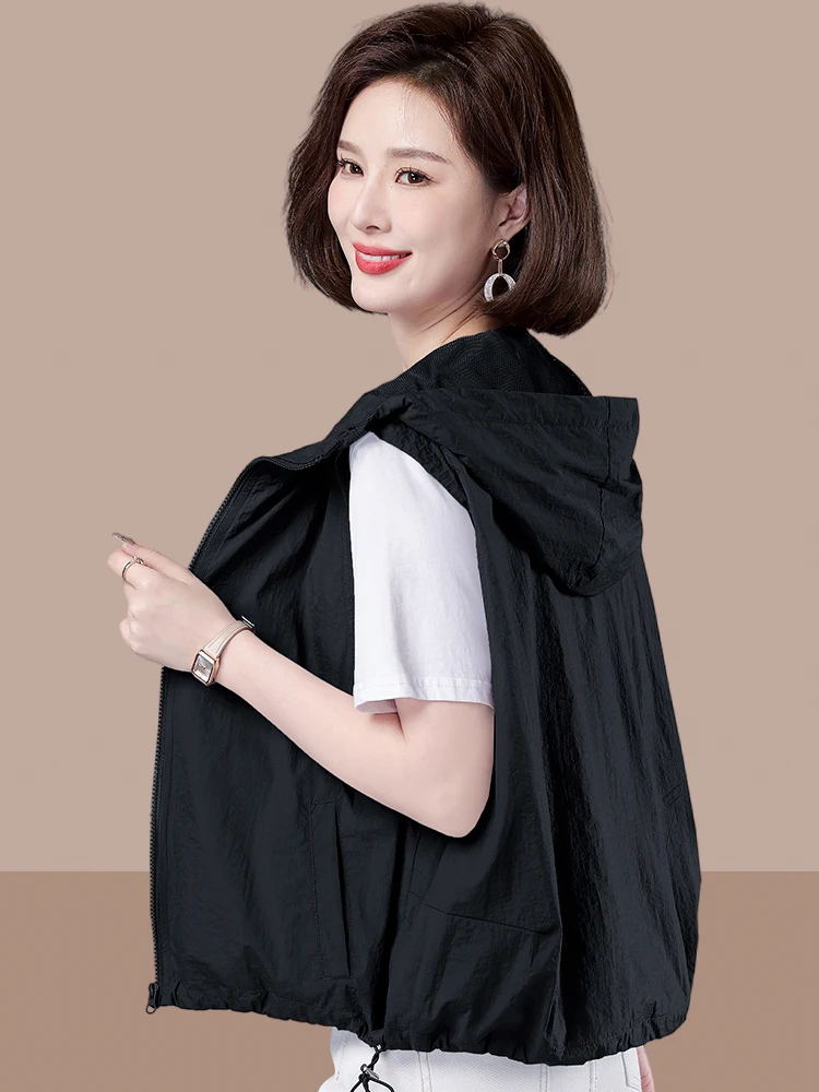Women's Summer New Style Lightweight Sun Protection Vest Fashionable Outerwear Short Zipper Half High Collar Commute Style