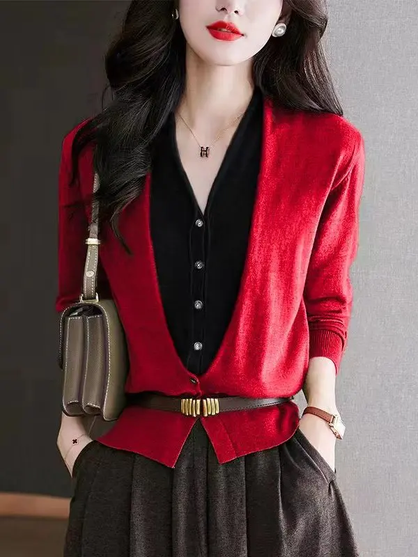 

Красный вязаный шерстяной открытый кардиган с v-образным вырезом, искусственный двухсекционный сарафан, осенне-зимняя модная женская верхняя одежда, корейская свободная посадка, длинная одежда...