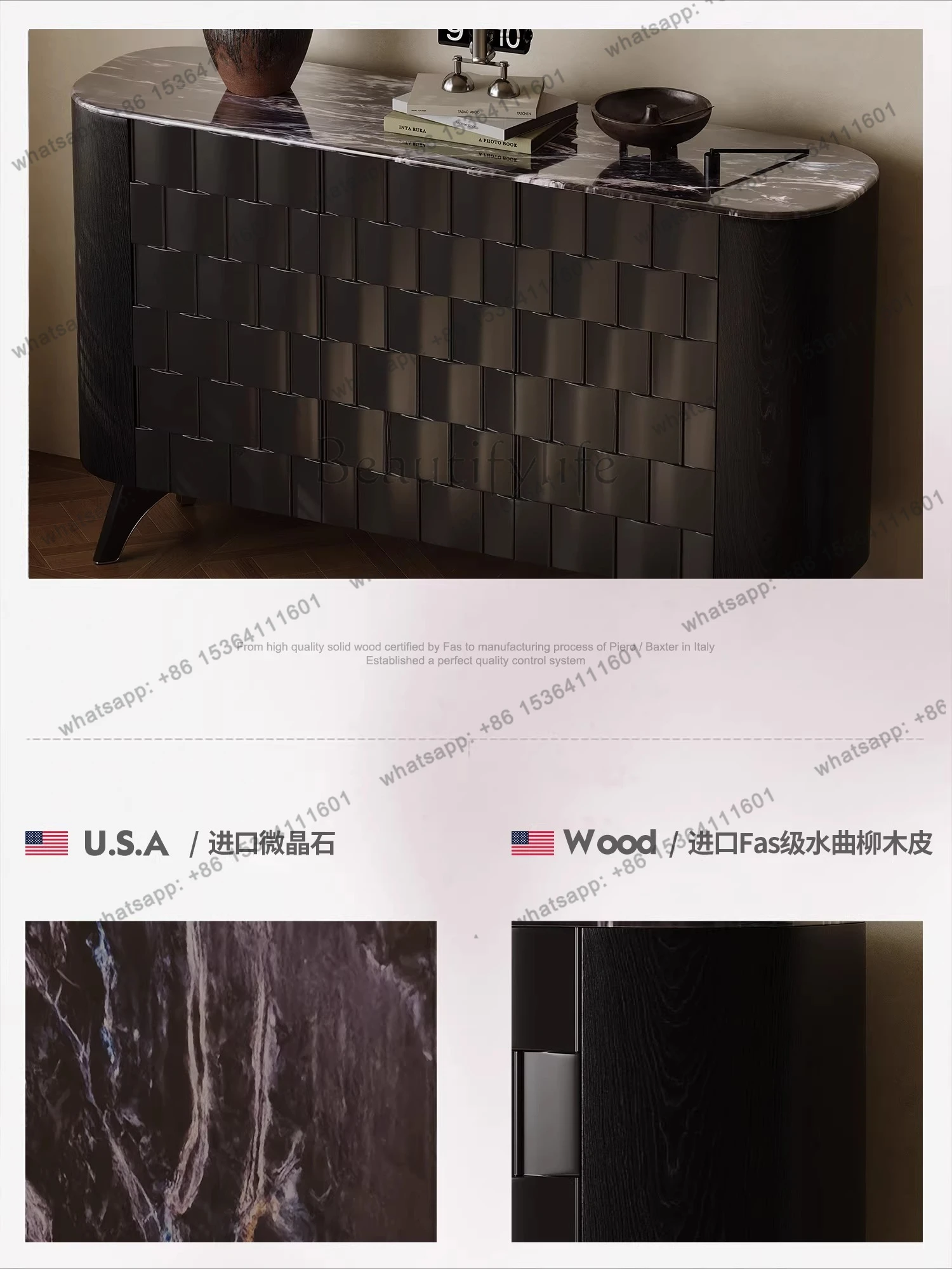 Italian minimalist microcrystalline stone sideboard, living room, new black finished storage cabinet against the wall