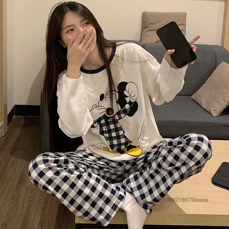 Disney Cartoon Mickey Long Sleeve Cotton Sleepwear Sweet Y2k Girl Kawaii Casual Pajamas Spring Autumn New Cute Home Clothes Set