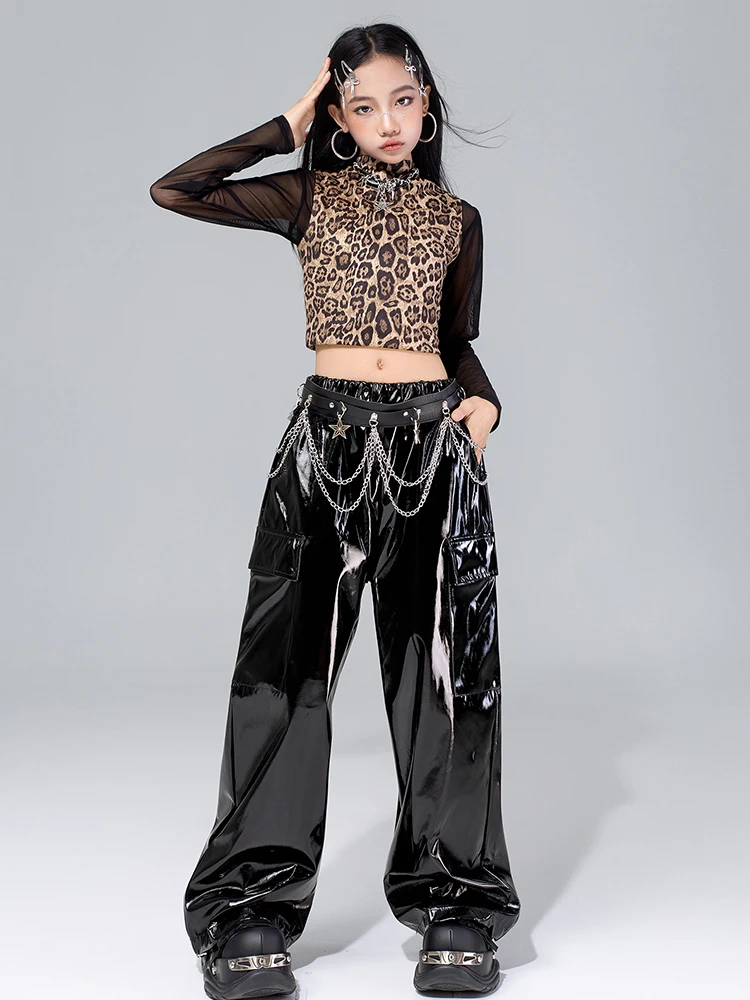 Vêtements de danse Jazz pour filles, gilet imprimé léopard, haut en maille, pantalon noir, mode Kpop, Costume de spectacle, vêtements de danse de rue, 4576