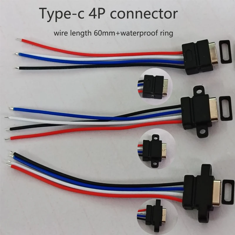 1/3/5/10PCS Type-C Waterproof Female Connector With 4P Soldered Wires 3A 5V Waterproof Brush Head Charging Data Type-C Tail Plug