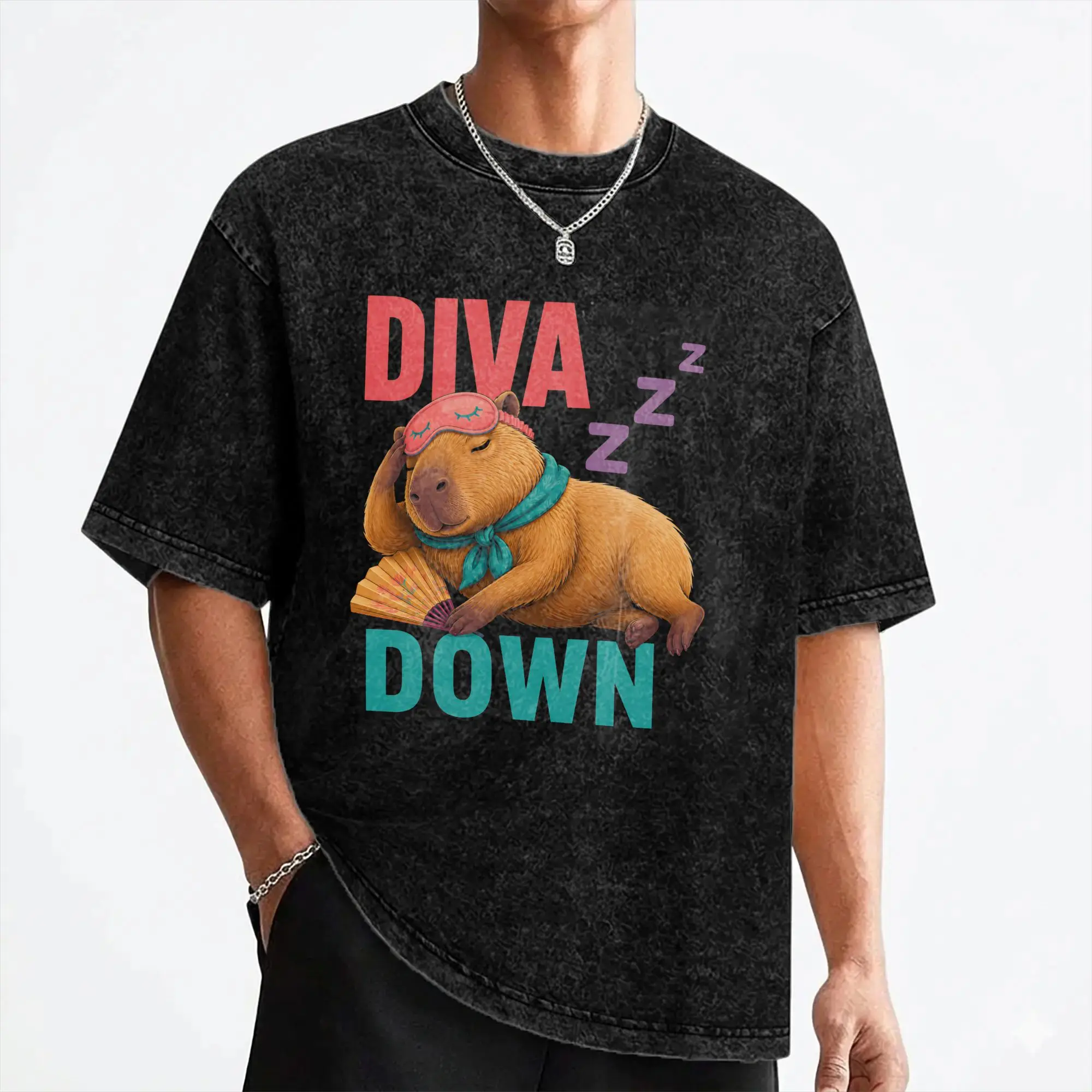Diva Down Sleepy Capybara Nap Humor Washed T Shirts Streetwear Hip Hop T-Shirt  Tees for Men Women 100% Cotton Oversize Summer