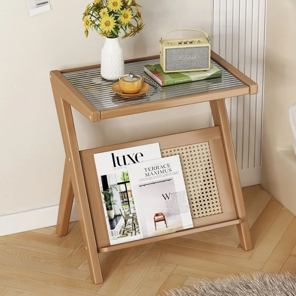 Z Shaped Coffee Tables Small Side Table For Living Room Bamboo End Table With Glass Top Magazine Rack Household Sofa Side Desk