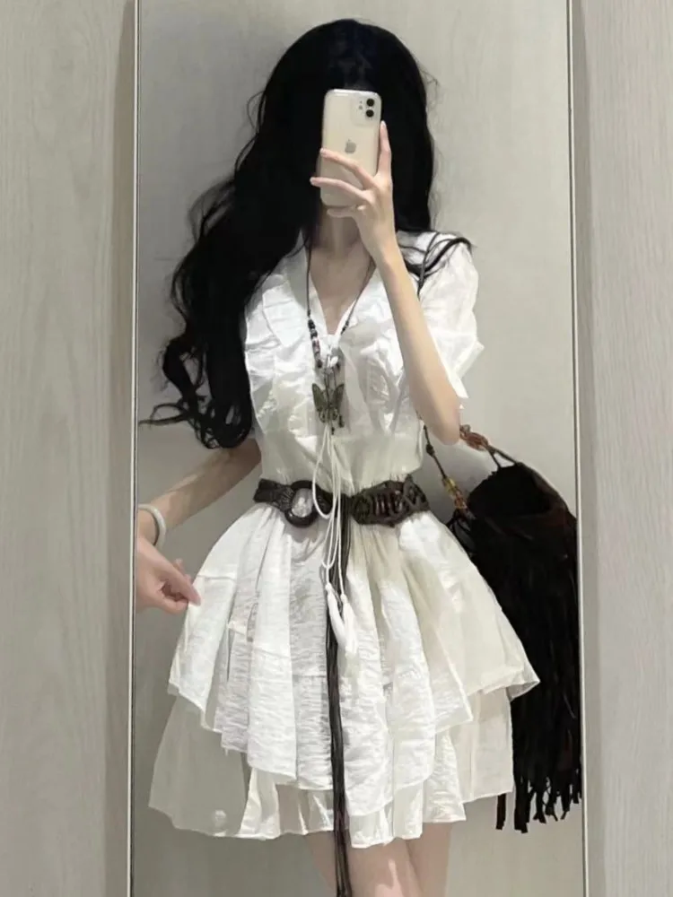 

Y2K White Dresses for Women Summer New Ruffles V-neck A-line French Vintage Casual Korean Chic Streetwear One Piece Vestidos