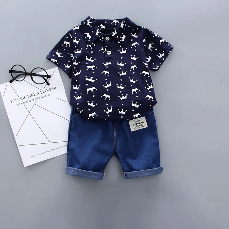 Summer Boy Clothes Set 2pcs Kids Clothes Crown Print Shirt+Solid Jeans Short Casual Cotton Breathable Outfit Children Suit 1-4Y