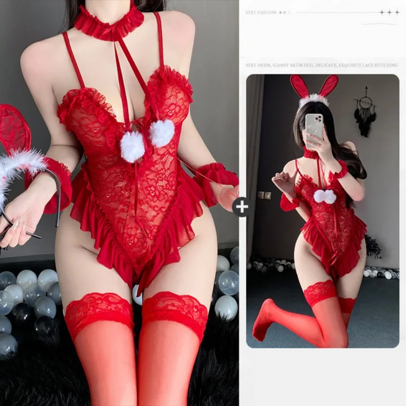 Sexy Crotchless Lingerie Women Hollow Lace Open Porno Bodysuit Erotic Pajamas Teddy Babydoll Dress Deep V Open Bra Underwear Set