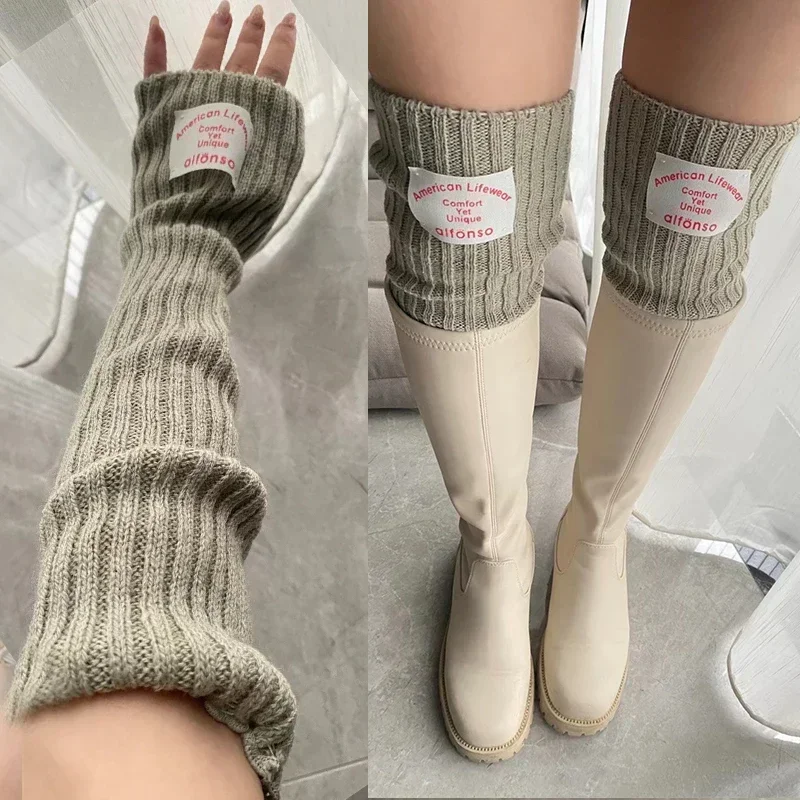 Chaussettes hautes d'hiver coréennes pour femmes, lettre sur le genou, jambières, manches chauffe-bras, gants sans doigts, Y2k