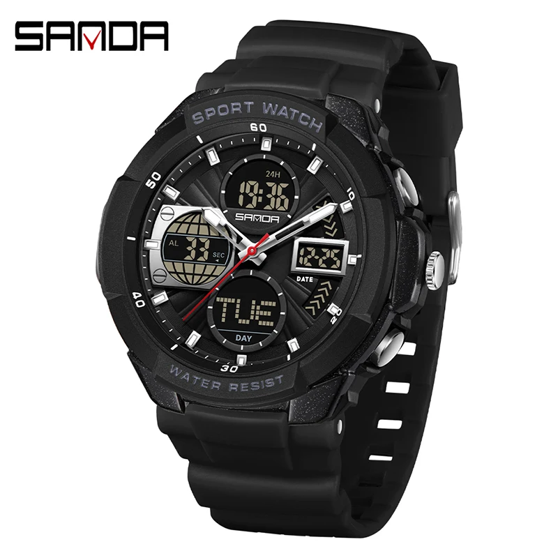 

SANDA 6298, новые цифровые часы с двойным дисплеем для отдыха, водонепроницаемые многофункциональные часы-будильник, спортивные мужские часы reloj hombre