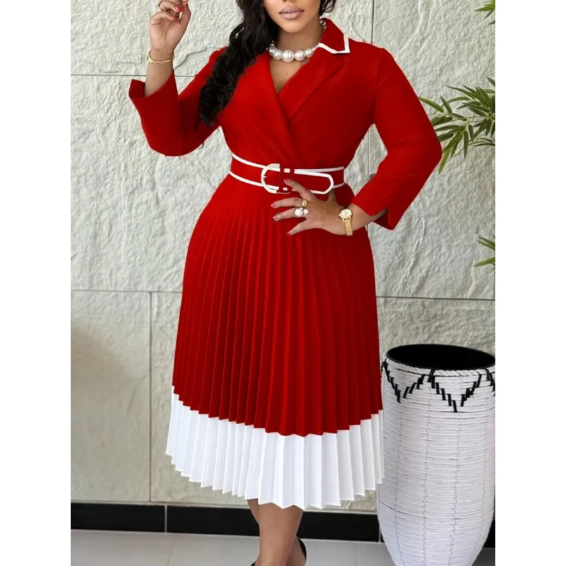 

Green African Full Sleeve Notched Neck High Waist Pleated Mid Dress with Belt Women Office Evening Guest Gowns Robe