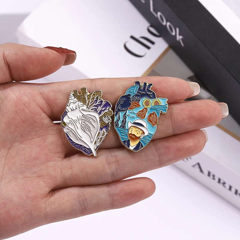 Oragn Heart Enamel Pin Custom Oil Painting Mushroom Dinosaur Puzzle Conch Brooch Lapel Badge Jewelry Gift for Kids Friends