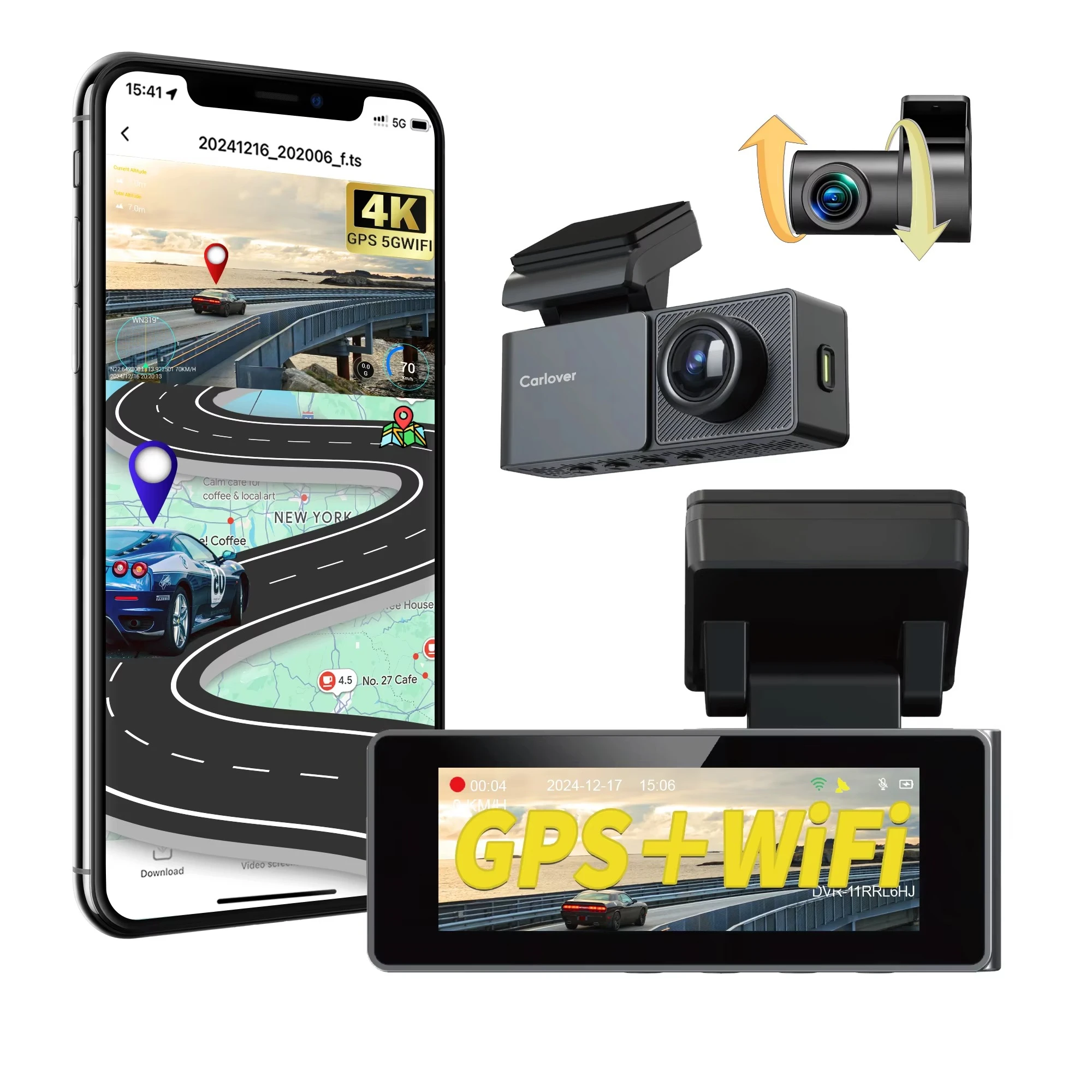 1 יחידה מצלמת רכב 5G WIFI DashCam מקליט וידאו 4K עם עדשה כפולה Dvr GPS Dash Cam Car