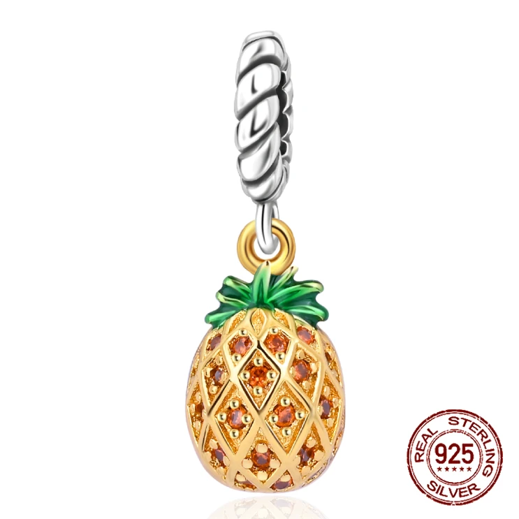 

925 Sterling Silver Yellow Crystal Charms Pineapple Pendant Retro Bead Fit Original Bracelet Necklace Women Jewelry Making Gifts